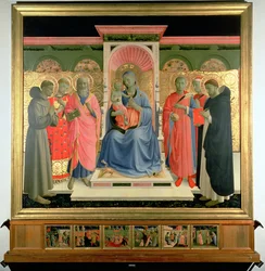Detail aus dem Annalena-Altarbild, das die Jungfrau und das Kind mit St. Peter dem Märtyrer, St. Cosmas, St. Damian, St. Johannes dem Evangelisten, St. Laurentius und St. Franziskus zeigt